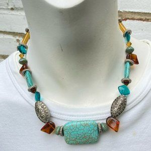 Boho Faux turquoise silver amber glass bead toggle clasp necklace 17" NEW!